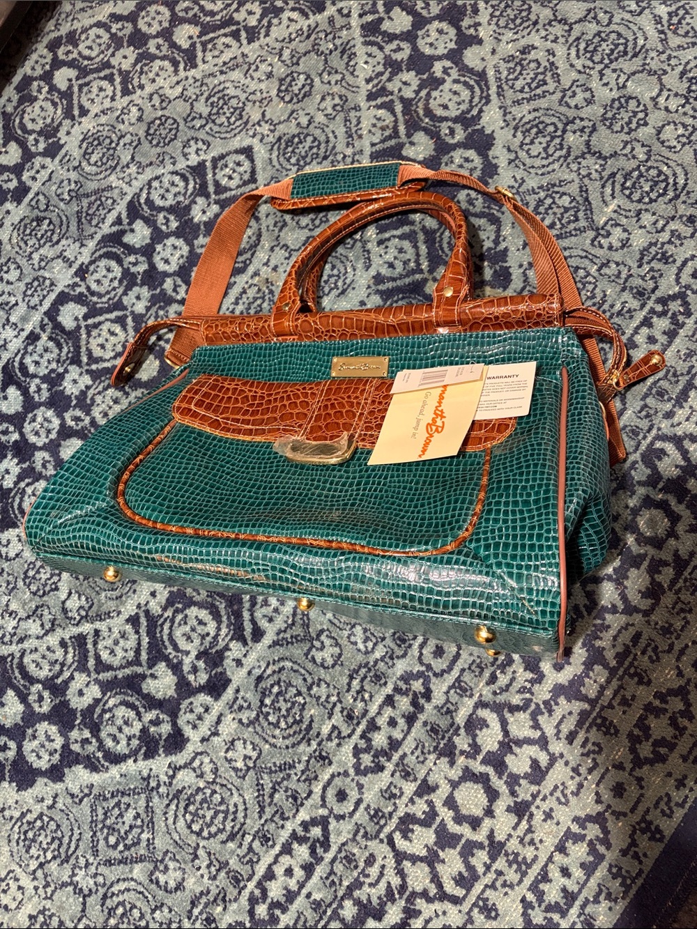 Samantha Brown Dowel Bag Embossed Teal and Brown Satchel Handbag